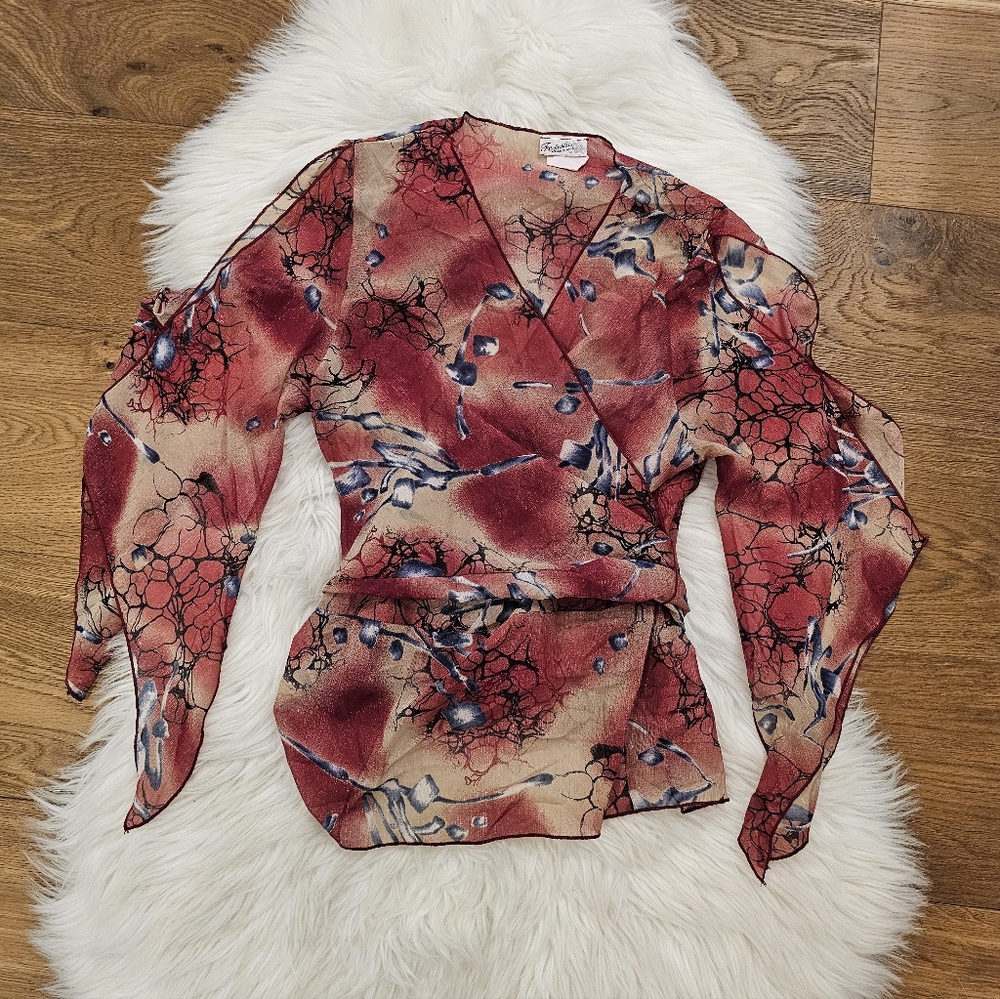 Vintage Women's Red Floral Wrap-Style Blouse